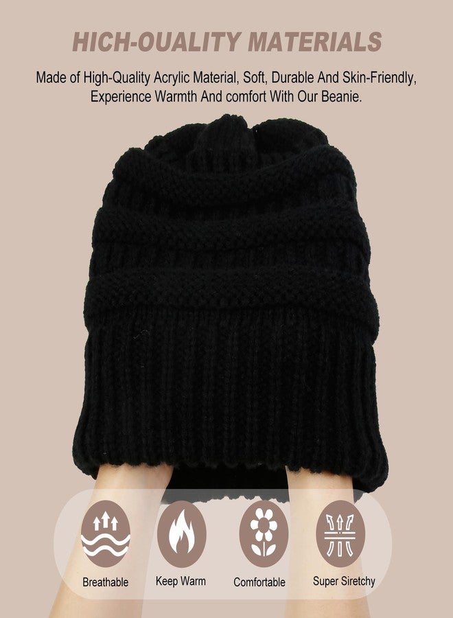 AIBFRID 2 Packs Winter Hats for Women Beanie Satin Lined Acrylic Cable Knit Chunky Warm Soft Slouchy Cuffed Cap Black - Image 4